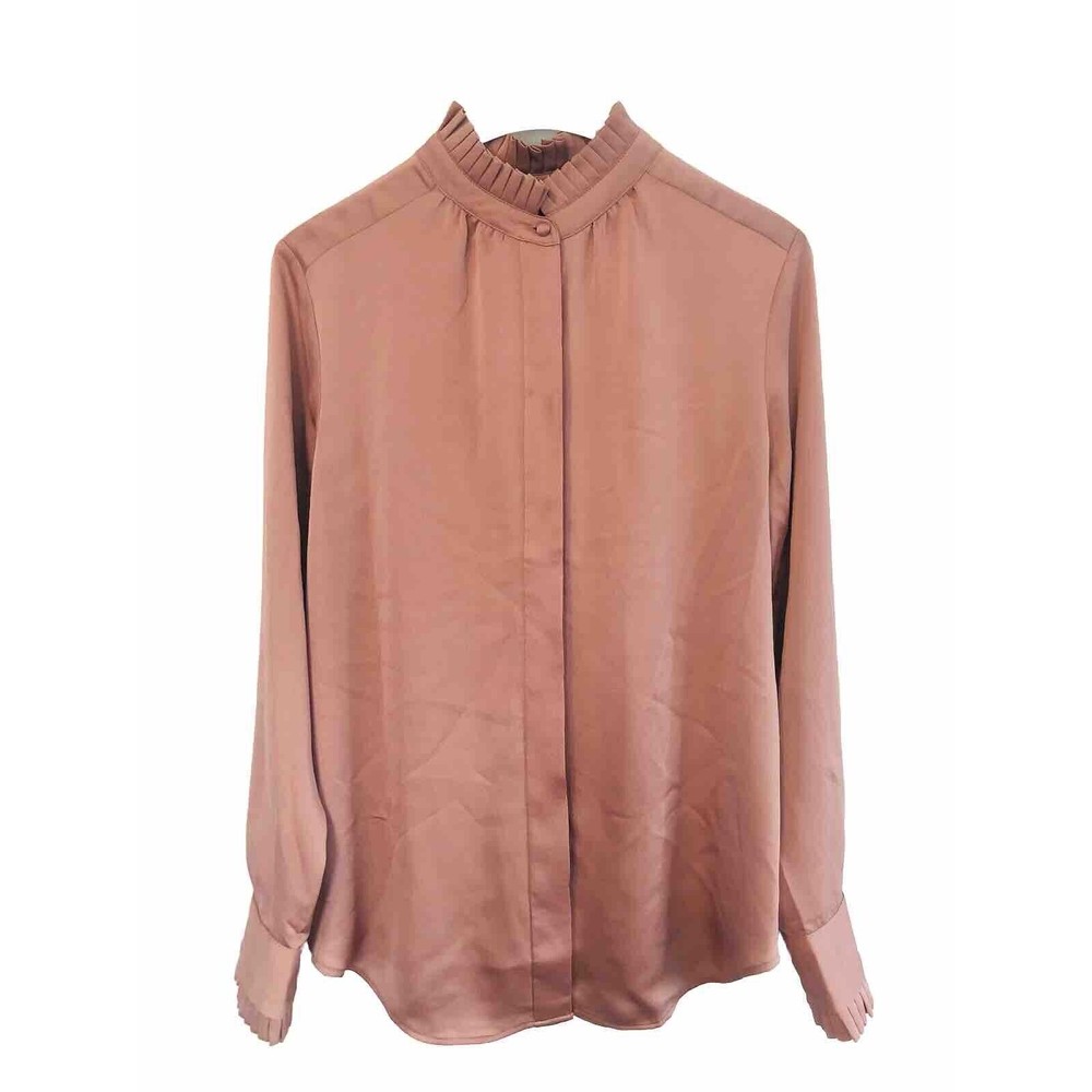 Ann Taylor Size M Silky Blouse Ruffle Neck Cuffs Mauve Pink